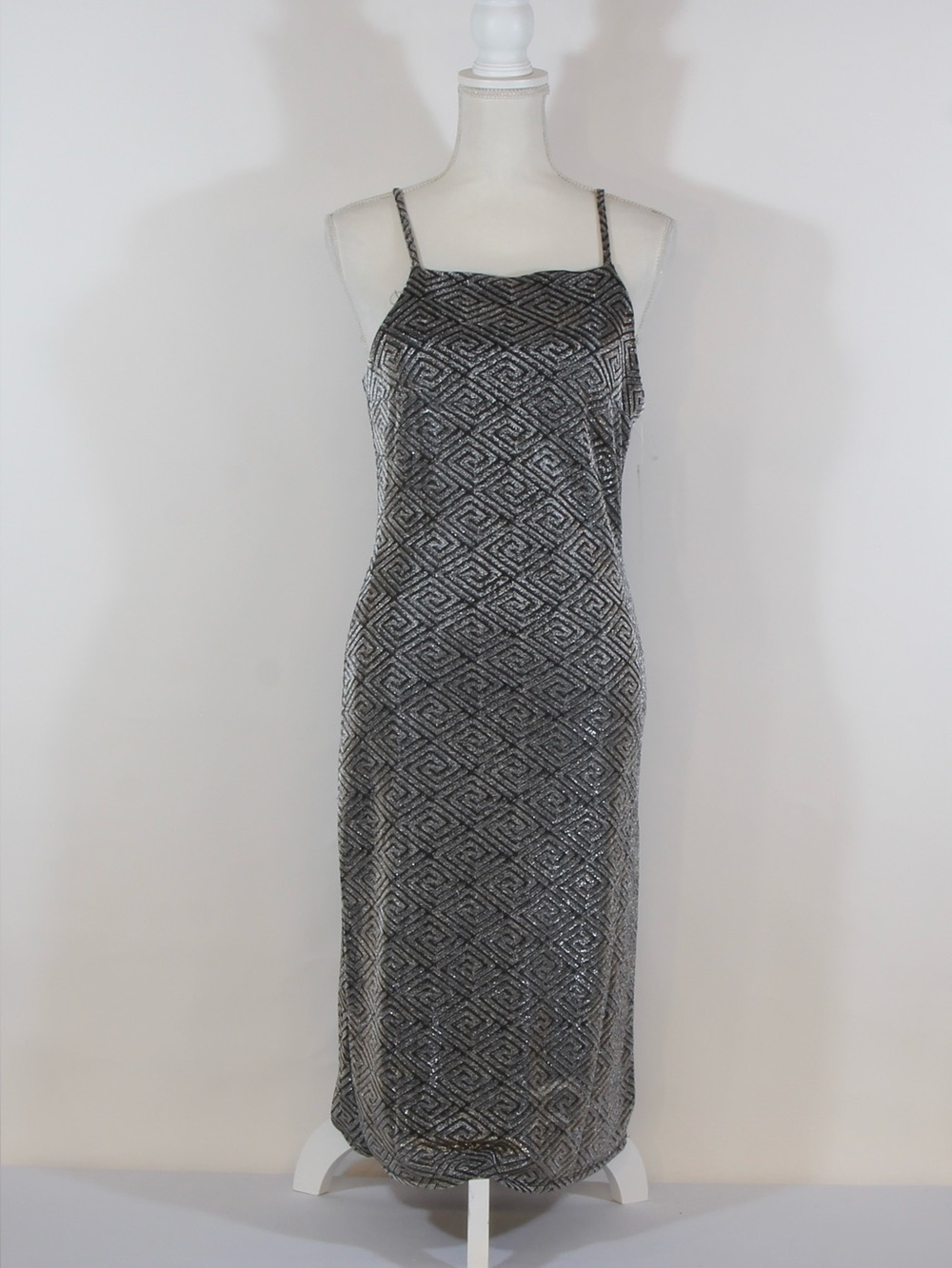 Derek Heart Silver & Black  Geometric Sequin Maxi Slip Dress NWT